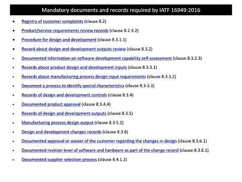 Mandatory documents and records required by IATF 16949:2016