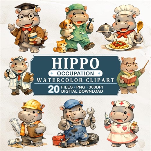 Hippo Occupation Watercolor Clipart, 20 PNG Animal Profession Graphics (digital Download) - Etsy