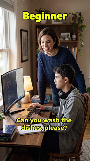 Mom Asked for Help in 3 Levels of English 😅 #englishconversation #familyenglish How do you tell your kids to wash the dishes in English? 👨‍👩‍👧‍👦 In this practical video, learn how to give instructions at home while your children are busy on the computer or playing. Listen in Beginner, Intermediate, and Advanced English and improve your everyday family conversations! 💬✨ #LearnEnglish #EnglishLevels #FamilyEnglish