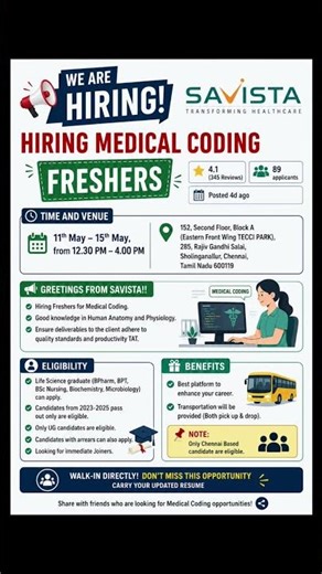 Savista Hiring Medical Coding Freshers 🚨 | Chennai Walk-In | 2023-2025 Passouts