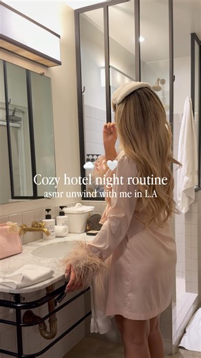 Mina Alexis on Instagram: "cozy hotel night routine ☁️🩰🏹 unwind with me in LA 🫶🏼 wearing ; @urbanoutfitters top @hollister jean skirt @balleretteofficial kitten heels @victoriassecret slip & @midnightmischiefsleepwear robe products used ; @tatcha skincare @gisou hair perfume @soldejaneiro body care #nightroutine #beauty #skincare #lifestyle #explore | pink girly luxury lifestyle, soft life, Seattle influencer / content creator, inspire, Pinterest aesthetic"