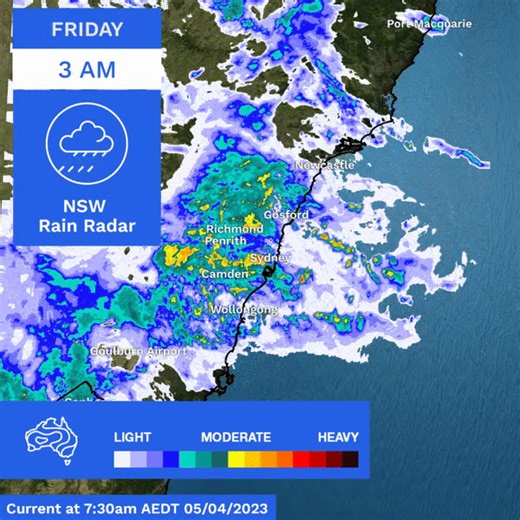 Rain has arrived for much of Sydney and New South Wales ahead of what is going to be a very wet couple of days. Overnight, widespread rain mixed with severe thunderstorms brought significant wet weather to many areas, particularly around Sydney. At Observatory Hill, more than 80mm has been recorded since midnight last night, including 57mm in an hour from 2:30-3:30am this morning. More rain is on the way today and the first half of Saturday, with heavy falls and thunderstorms still a threat. Fla