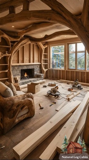 From Bare Walls to a Living Work of Art 🌲 What began as an empty, echoing space slowly transformed through sawdust, hand tools, and patient craftsmanship into a warm, soul-holding cabin living room. Sculpted wood furniture, organic curves, and a fireplace framed like forest roots now cradle soft cushions and candlelight. Floor-to-ceiling windows open to evergreens and distant mountains, blurring the line between indoors and wilderness. This is slow design. Honest materials. A reminder that the 