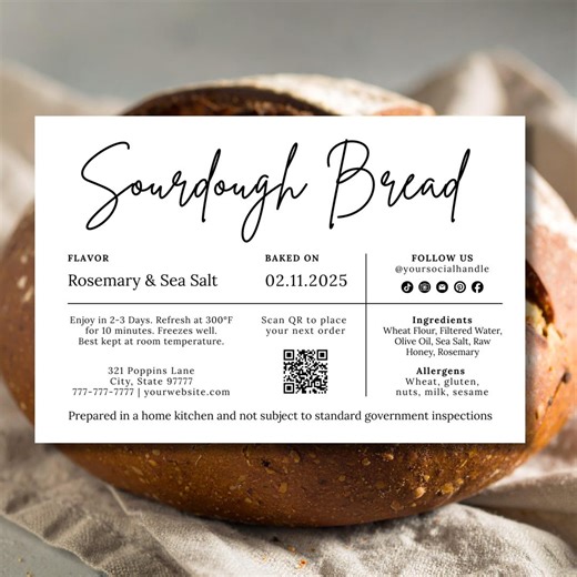 Editable Sourdough Bread Label Template, 6x4 Cottage Food Label, Canva Bakery Insert, Ingredients Card With QR Code - Etsy
