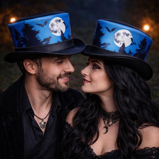 Moon Wolf Top Hat, Genuine Leather Material, Black Blue Color, Gothic Steampunk Style - Etsy