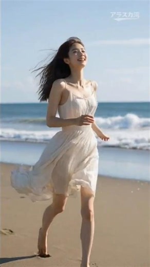 ビーチで白いワンピの少女が太陽と潮風を感じるワンシーン