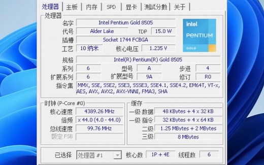 ！少见的U~INTEL 奔腾PENTIUM GOLD 8505处理器默频状态下性能参数和CPU-Z测试得分。感谢粉丝“不吃豆角胡萝卜”提供测试视频！