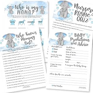 Hadley Designs Baby Shower Games for 25 Guests - Blue Elephant Baby Predictions & Advice Cards, Who Knows Mommy Best, Nursery Rhyme Trivia Game, Who is My Mama Babyshower Games Boy, Made in USA