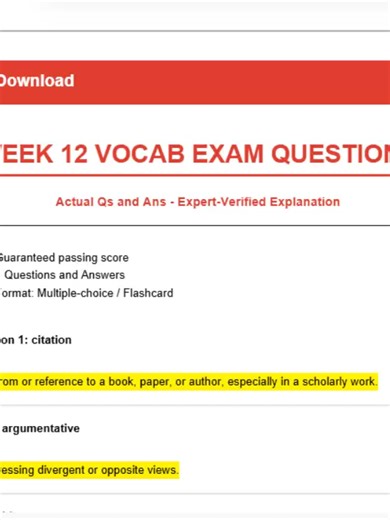 WEEK 12 VOCAB EXAM QUESTIONS 2026 📖🔥 Master Your Words & Score Higher 💯✨ Preparing for your Week 12 Vocabulary Exam in 2026? 🚀 This focused study guide will help you understand key terms, improve retention, and confidently answer vocabulary-based questions 🎯🧠 Vocabulary exams test your understanding of meanings, context clues, synonyms, antonyms, and sentence usage — and this guide makes it simple and easy to review 💪📚 Inside this 2026 Week 12 vocab review: 📖 Important vocabulary words 