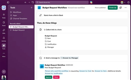 Are your workflows ready to level up? Workflow Builder now lets you create dynamic, multi-branched automations (no code required)! Route requests, streamline approvals, and connect your favorite tools, all within Slack. Come see what’s possible: https://sforce.co/4kg9Njc | Slack