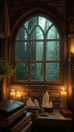 Cozy Witch Cottage Window Ambience with Rain and Thunder Sounds
