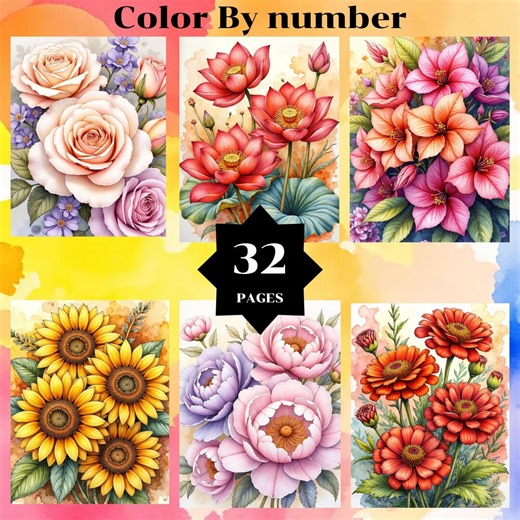 Coloring by Number, Flowers 32 Pages, 32 Colors,for Adults, Printable, 8.5 X 11 In, PNG & SVG, Digital, Instant Download, Paint by Numbers - Etsy
