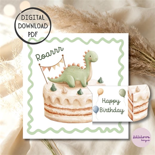 DIY Dinosaur Birthday Card Template, Printable Birthday Card, Kids Birthday Card, Handmade Card PDF, Dinosaur Cake Card, Instant Download - Etsy