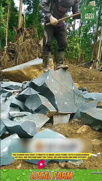 This worker uses great strength to break large stones with a sledgehammer.