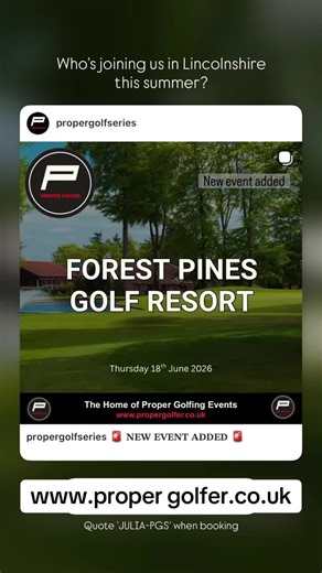 ⛳️ Thursday 18th June 2026 - Championship Golf Course The Proper Golf Series are heading to Forest Pines Golf Resort this summer ⛳️ If you are new to Forest Pines you are in for a treat, You will not be disappointed with its excellent tree lined fairways, Fast Greens & Championship course. £70pp - booking details ⬇️ What's included in your entry fee: • 18 Holes of Championship golf • Individual prizes for 1st, 2nd & 3rd place • WHS England Golf qualifying event • Nearest the pins • 2's Club - Op