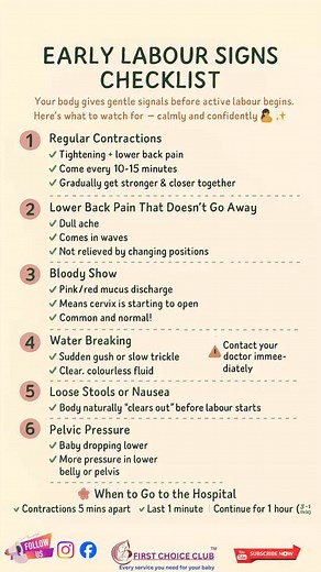 ⚡ Early Labour Signs Checklist Your body gives gentle signals before active labour begins. Here’s what to watch for — calmly and confidently 🤰✨ ⸻ 1️⃣ Regular Contractions ✔ Tightening lower back pain ✔ Come every 10–15 minutes ✔ Gradually get stronger & closer together ⸻ 2️⃣ Lower Back Pain That Doesn’t Go Away ✔ Dull ache ✔ Comes in waves ✔ Not relieved by changing positions ⸻ 3️⃣ Bloody Show ✔ Pink/red mucus discharge ✔ Means cervix is starting to open 💡 Common and normal! ⸻ 4️⃣ Water Breaki