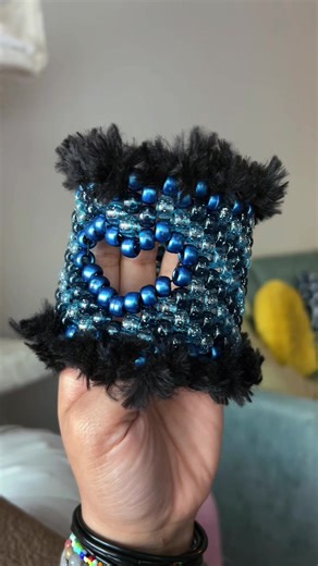 @Rena.xxox posted a tutorial for this cuff so I had to GET TO WORKKKKK. Added some furry edges 🥰💙🖤 tysm for the tutorial!! #kandi #kandikid #ravetok #fyp #edmtiktok
