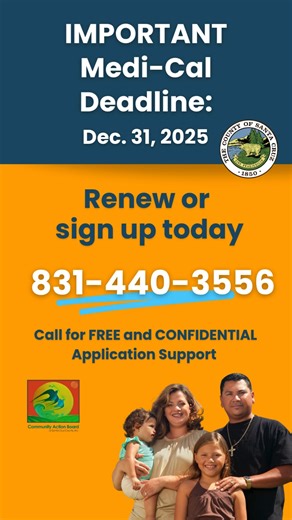 Your health matters—make sure you’re covered! Renew or apply for Medi-Cal before Dec. 31, 2025 to keep your full benefits—including doctor visits, prescriptions, and more—regardless of immigration status. After Jan. 1, 2026, new rules will apply to first-time undocumented immigrant applicants, so don’t wait! Visit BenefitsCal.com to get started. FREE and CONFIDENTIAL application support is available to all #SantaCruzCounty. Call #cabsantacruzcounty at 831-440-3556 for help. | Supervisor Kim De S