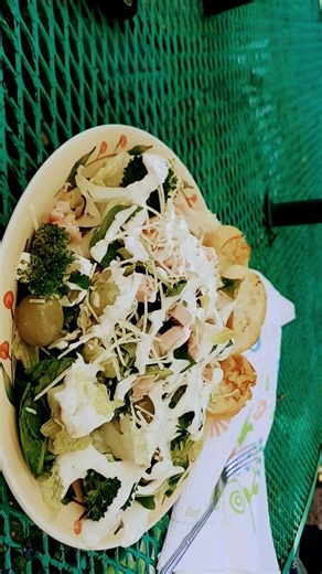 Delicious Green Garden Salad With Ham & Homemade Garlic Bread.