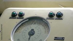 Control panel in ship with instruments equipment. Marine navigation devices. Indications on navigation devices of the sea vessel.