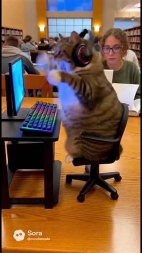 Cat rages on Fortnite inside a library #cat #funnyanimals #funnycat #sora #ai