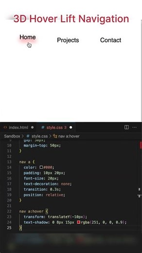3D Hover Lift Navigation HTML and CSS #shorts