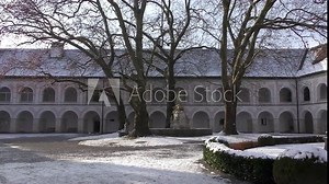 inner Yard and View of the Cistercian monastery Heiligenkreuz abbey with trinity column