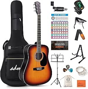 ADM Dreadnought Acoustic Guitar Kit with Free Lesson for Beginner Adult Teen Full Size Acustica Guitarra Starter Bundle Set w/Bag Strap Tuner Capo Pickguard Music Stand Right Hand(Sunburst, 41 Inch)