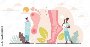 Concept of podiatry. Moving banner with doctors standing next to anatomical diagrams of legs with muscles, pain points and skeletal structure. Posture and flat feet. Cartoon flat animated graphics