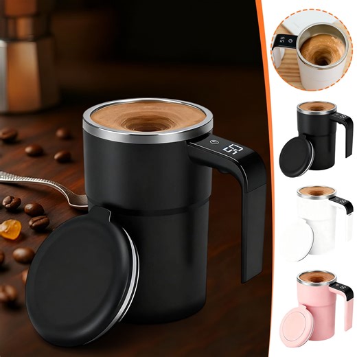 Magnetic Self Stirring Coffee Mug with Temperature Display LCD, Electric Automatic Mixing Cup with Lid, USB Rechargeable Stainless Steel Mug for Coffee Milk Cocoa, Ideal for Home Office and, HAODEJW
