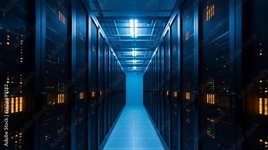 Data Center Server Room: A Walkthrough of Rows of Rack Mounted Servers with Flashing Lights