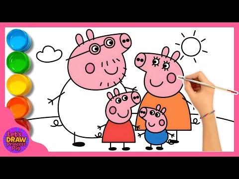 How to draw Peppa Pig Family Drawing and Coloring Page for kids