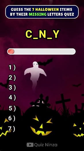 7.6K views · 272 reactions | 樂 Can you Guess the 7 Halloween items by their missing letters in 60 seconds? Put your knowledge to the test. Can you score 7/7? Let's test your IQ 勞  Don't forget to share your Score in the comments. ❤️ Follow us for more fun trivia and quizzes. #quiz #QuizTime #trivia #usa #halloween | Quiz Ninza | Facebook
