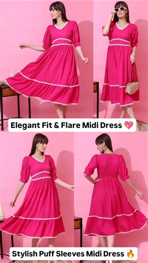 Fit & Flare Midi Dress with White Wavy Trim & Puff Sleeves 😍✨