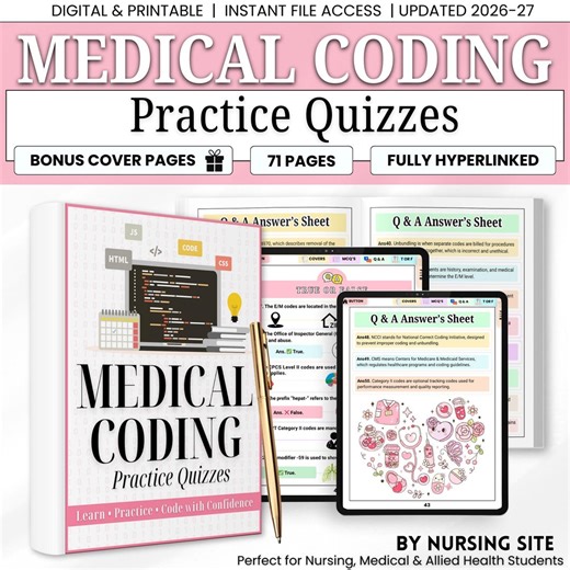 Medical Coding Practice Quizzes Bundle | ICD-10 & CPT Cheat Sheets | Anatomy Medical Terminology PDF | 71+ Page Printable Coding Reference - Etsy