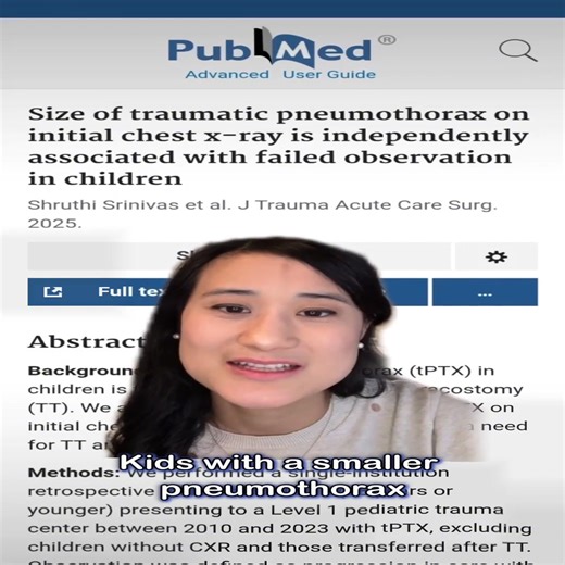 New article you should know by Lizzy Lee, PA-C "Size of traumatic #pneumothorax on initial chest #xray is independently associated with failed observation in children" Srinivas S et. al. Full text: https://bit.pulse.ly/glxlajysiz #some4pedsurg #pedsurg #pediatrictrauma Journal of Pediatric Surgery Made possible by Cincinnati Children's | StayCurrentMD