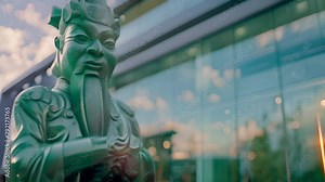 Chinese Guardian Lion Statue Before Modern Building with Ai generated.