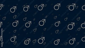 Mars symbols float horizontally from left to right. Parallax fly effect. Floating symbols are located randomly. Seamless looped 4k animation on dark blue background