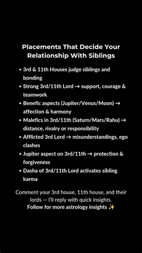 Astro By Shree on Instagram: "Your relationship with siblings is not random — it’s written in your birth chart. Parasara astrology clearly explains how the 3rd and 11th houses, their lords, and active dashas shape bonding, rivalry, distance, or lifelong support between siblings. Many people experience sudden misunderstandings or emotional detachment during specific planetary periods, and once that phase passes, harmony returns. If sibling issues confuse you, your kundali already has the answer. 