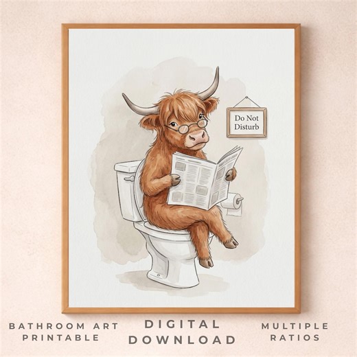 Highland Cow Bathroom Wall Art Printable | Whimsical Cow on Toilet Reading (digital Download) - Etsy
