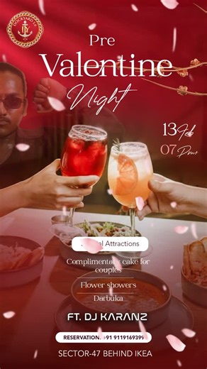 Dockyard BYOB on Instagram: "Love is in the air & the vibe is getting hotter ❤️✨ Join us for a magical **Pre Valentine Night** filled with romance, music, and unforgettable moments. Raise a toast with your special one, enjoy dreamy flower showers, live darbuka beats, and indulge in a complimentary cake for couples. Let the night be all about love, laughter & luxury 🍷🌹 📅 13th Feb ⏰ From 7 PM onwards 📍 Sector 47, Behind IKEA 📞 Reservations: +91 9119169399 Limited tables available — book now &