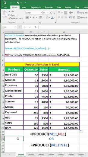 Product Function in Excel | Produt Formula in Excel