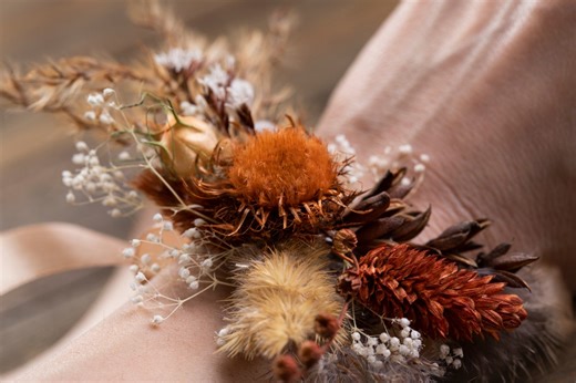 Burnt Orange Wedding Rustic Boho Wrist Corsage | Pampas Grass Dried Flower Autumn Accessory. - Etsy