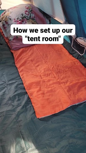 How we set up our "tent room". 1. Lay out the tent carpet or mat for comfort, insulation, and protection from dirt and moisture. 2. Set up the beds, sleeping bags, etc. 3. Put the things under the beds for more sleeping space and organization. That's it! Plain and simple 😊. #tent #tentcamping #tentsetup #tentroom #tentcampinglife #tentcamp #tentsleeping #campinglife | Alphabot Glenda Jose Boiser