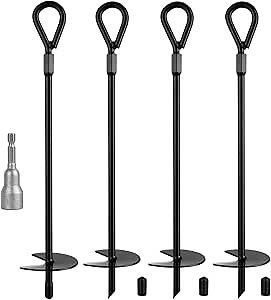 Homaisson 4pcs Ground Anchors, Includes a 9/16’’ Socket, 15’’ Heavy Duty Screw-in Tent Pegs with 3’’ Wide Helix, 3/8’’ Solid Steel Shaft, Ideal for Securing Canopies, Tents, Sheds, Trampolines