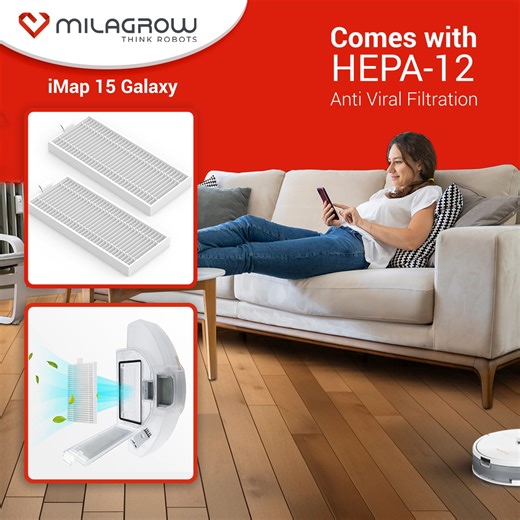 The iMap 15 Galaxy floor cleaning robot features HEPA filtration, ensuring superior air quality by trapping fine particles, allergens, and dust, promoting cleaner indoor environments effortlessly. Shop now: https://milagrowhumantech.com/products/imap-15-galaxy or call us on 91-9953476189 to book a demo. #Milagrow #RoboticVacuumCleaner #HomeCleaning #VacuumCleaner #RobotVacuum #FloorCleaner | Milagrow HumanTech