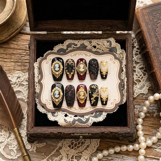 Vintage Victorian Cameo Press on Nails, Luxury Gothic Burgundy and Black Fake Nails, Antique Gold Filigree & 3D Lace Nails - Etsy