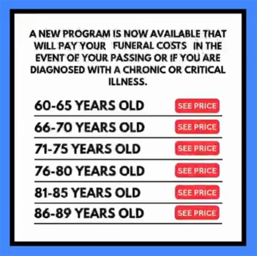 🛑 ATTENTION SENIORS! 🛑 Worried about leaving your family with expensive funeral bills? We have a great solution just for you! Introducing our Senior Burial Coverage, a special plan that pays for all funeral costs up to $50,000. And guess what? It's super affordable! Here's how to get started: ✅ Click "LEARN MORE" to find out if you qualify. 📝 ✅ Answer some easy questions to see what coverage you can get. 📊 ✅ Pick a monthly payment that works for your budget. 💰 ✅ Rest easy knowing your famil