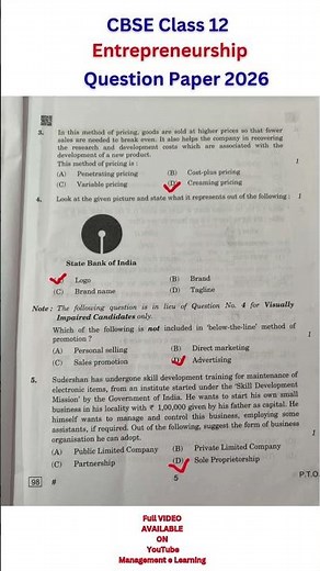 Entrepreneurship class 12, question paper solution 2026, previous year question of entrepreneurship