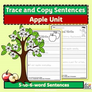 Apple Unit Handwriting Practice - Copy Sentences Worksheets (Trace & Write)